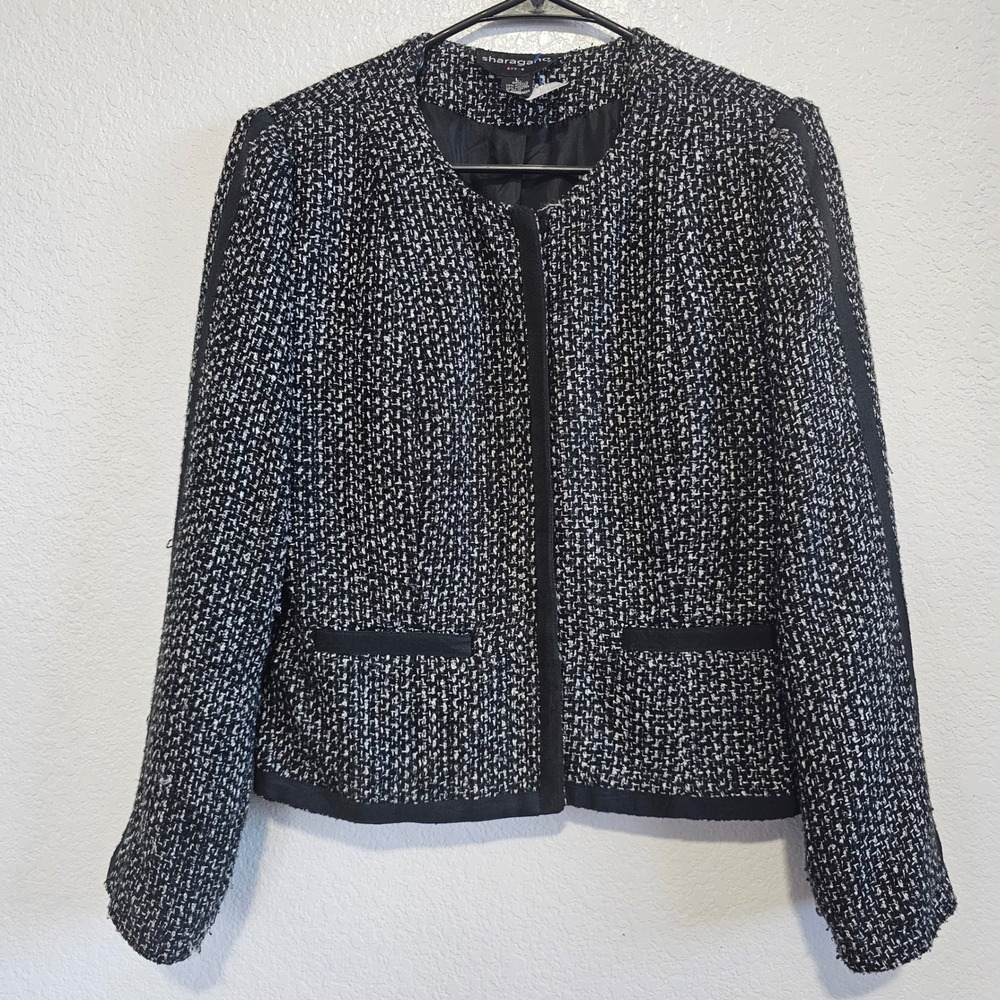 Sharagano Womens Black Tweed Jacket Collarless Open Front Blazer Size Large